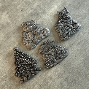 1993 Carson Pewter Ornament LOT – Cat, Bunny, Teddy Bears, Christmas Tree